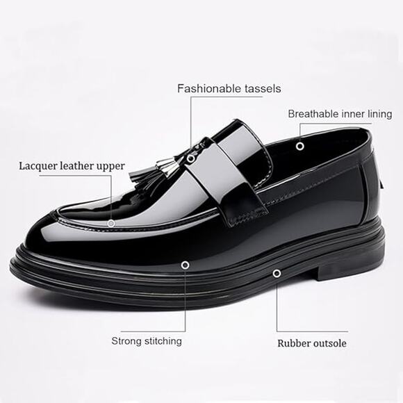 Mens Size 10 Shiny Black Faux Leather Slide On Formal Non Slip Loafer Shoes main image 5